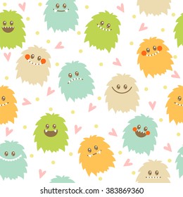 Seamless pattern with cute cartoon smiley monsters. Different fluffy monsters characters on white background. Vector illustration