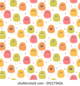 Seamless pattern with cute cartoon smiley monsters. Different fluffy monsters characters. Vector illustration