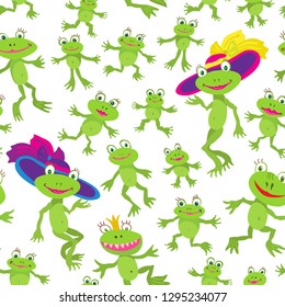 Seamless pattern from cute cartoon smiling frogs and hoptoads on white background. Flat style children's wallpaper, green textile print for kids, wrapping paper with happy animals 