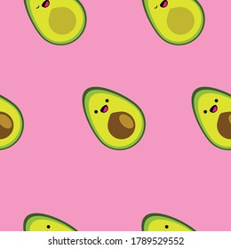 Seamless pattern with cute cartoon smiling avocado on pink background. Tropical abstract background. Vector