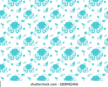 Seamless pattern of cute cartoon smiling blushing octopuses, seashells, starfishes and bubbles on a white background. Design for baby products, nursery, clothing, fabric, wallpaper. Vector.