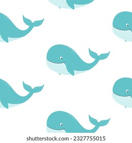 Seamless pattern with cute cartoon smiling whale. Sea background with a blue whale. Vector.