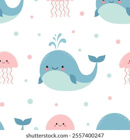 Seamless pattern with cute cartoon smiling whale and jellyfish. Vector.