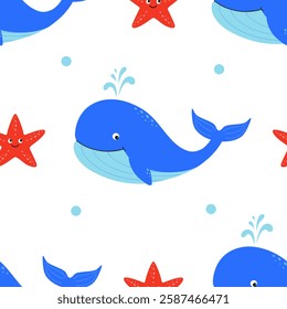 Seamless pattern with cute cartoon smiling starfish and whale with fountain. Vector.
