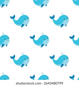seamless pattern with cute cartoon smiling whale with fountain, sea background with blue whale, flat vector illustration