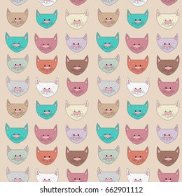 Seamless pattern of cute cartoon smiling cats in different colors. Cat's heads childish background