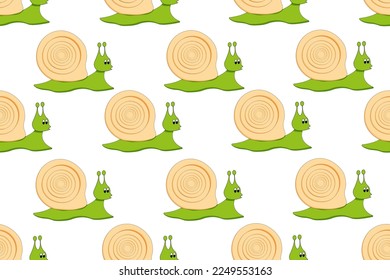 Seamless pattern with cute cartoon snail in a shell on white background. Animal wallpaper and bed linen print for children room. 