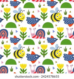 Seamless pattern with cute cartoon snail and flowers, bees.