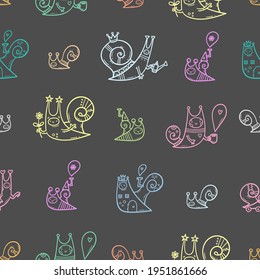 Seamless pattern with cute cartoon snails on dark background. Funny animals wallpaper. Vector doodle print.