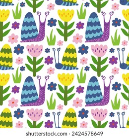 Seamless pattern with cute cartoon snails and flowers.