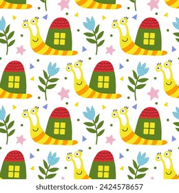 Seamless pattern with cute cartoon snails and flowers.