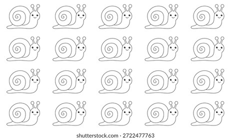 Seamless pattern of cute cartoon snails. Seamless pattern of snail character in hand drawn style. Black and white line art vector illustration for coloring book page, textile, or wrapping paper.