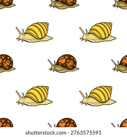 Seamless pattern of cute cartoon snails with yellow and brown shells, vector illustration