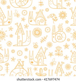 Seamless pattern with cute cartoon snails and their houses on  white  background. Summer meadow,  flowers,  insects. Vector contour image. Children's illustration. 