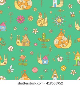 Seamless pattern with cute cartoon snails and their houses on  green  background. Summer meadow, flowers,  insects. Vector image. Children's illustration. 
