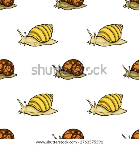 Seamless pattern of cute cartoon snails with yellow and brown shells, vector illustration
