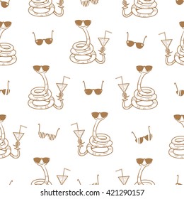 Seamless pattern with cute cartoon snakes in sunglasses with cocktail on a white background. Vector image.