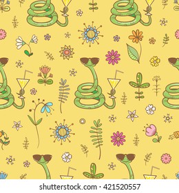 Seamless pattern with cute cartoon snakes in sunglasses with cocktail on a yellow background. Vector image.