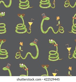 Seamless pattern with cute cartoon snakes in sunglasses with cocktail on a dark background. Vector image.