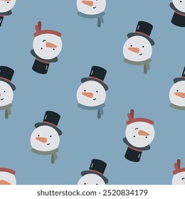 Seamless pattern with cute cartoon snowman. Flat vector background. Winter print. Christmas design. Creative texture for fabric, wrapping, textile, wallpaper, apparel.