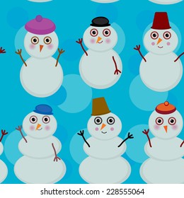 Seamless pattern cute cartoon snowmen on blue background for winter design. vector 