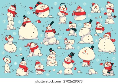 Padrão perfeito com bonitos bonitos bonitos bonitos bonitos em um fundo azul. Engraçado ilustração de inverno para crianças, papel de embrulho de Natal, design festivo e decoração de férias. Ilustração de vetor de desenhos animados. Definir