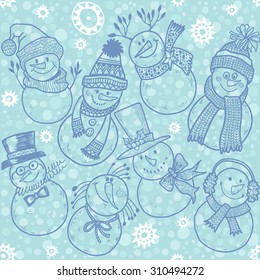 Seamless pattern with cute cartoon snowmen.  Vector illustration, winter background.