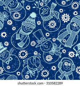 Seamless pattern with cute cartoon snowmen.  Vector illustration, holiday background.