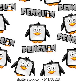 Seamless pattern Cute cartoon square penguin on white background.Set vector animals and bird