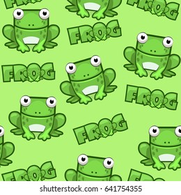 Seamless pattern Cute cartoon square frog on green background. Set vector animals