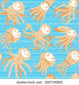 Seamless pattern with cute, cartoon squid, jellyfish and octopus on a blue background with waves.  Vector children's pattern. Texture for fabric, wrapping paper.