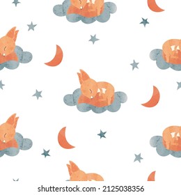 Seamless pattern with cute cartoon squirrels sleeping on clouds. Vector illustration for kids.