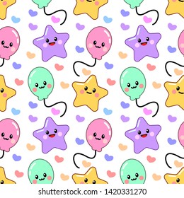 seamless pattern with cute cartoon star, heart and balloon design on white background