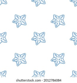Patrón sin foco con una tierna estrella de dibujos animados sobre un fondo blanco. Ilustración vectorial. Textura para tela, papel envolvente. 