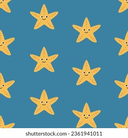 Seamless pattern with cute cartoon starfish. Underwater world. Vector.