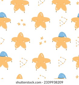 Seamless pattern with cute cartoon stars in a hat. Vector illustration for nursery and textile decoration.