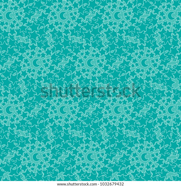 Seamless pattern\
with cute cartoon stars and moons or crescents. Good for surface\
design, textile or fabric, wrapping paper and covers. Vector\
illustration. Turquoise color.\

