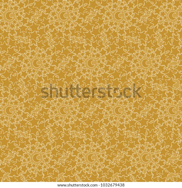 Seamless\
pattern with cute cartoon stars and moons or crescents. Good for\
surface design, textile or fabric, wrapping paper and covers.\
Vector illustration. Yellow or gold color.\
