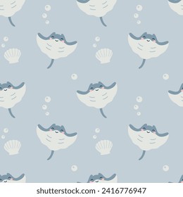 Seamless pattern with cute cartoon stingray character on a blue background. Childish sea animals design for fabric, textile, paper.