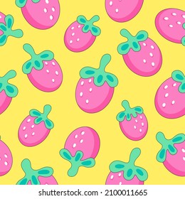 Seamless pattern with cute cartoon strawberries on yellow background

