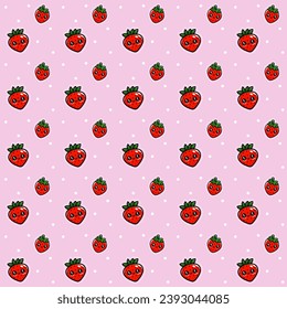 Seamless pattern of cute cartoon strawberries and white dots on pink background, kawaii template for wallpaper and wrapping paper,vector illustration.