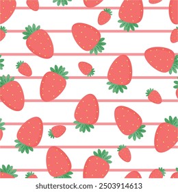 Seamless pattern with cute cartoon strawberries, for fabric prints, textiles, colorful gift wrapping paper for children, flat style