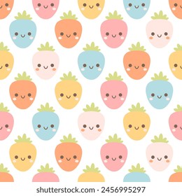 Seamless pattern with cute cartoon strawberry characters. Fruit seamless pattern. Vector illustration in flat style