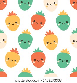 Seamless pattern with cute cartoon strawberry characters. Fruit seamless pattern. Vector illustration in flat style