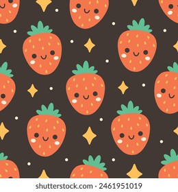 Seamless pattern with cute cartoon strawberry characters. Fruit seamless pattern. Vector illustration in flat style