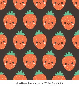 Seamless pattern with cute cartoon strawberry characters. Fruit seamless pattern. Vector illustration in flat style