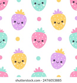 Seamless pattern with cute cartoon strawberry characters. Fruit seamless pattern. Vector illustration in flat style