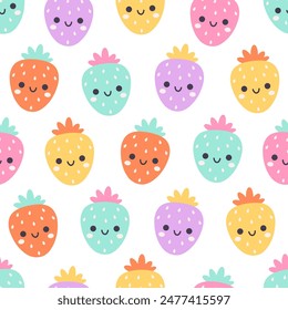 Seamless pattern with cute cartoon strawberry characters. Fruit seamless pattern. Vector illustration in flat style
