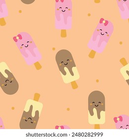 Seamless pattern with cute cartoon strawberry and chocolate ice cream, for fabric prints, textiles, gift wrapping paper. children's colorful vector, flat style