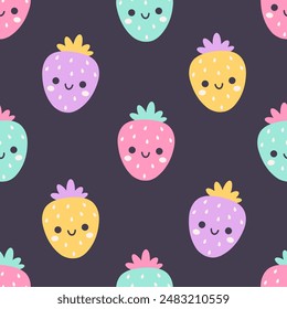 Seamless pattern with cute cartoon strawberry characters. Fruit seamless pattern. Vector illustration in flat style